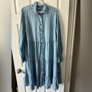 Time and Tru Light Blue Denim Tiered Button-Down Long Sleeve Dress